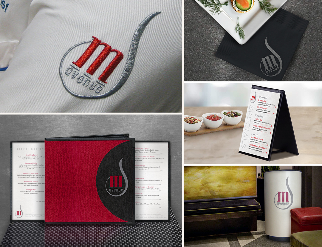 M Ave logo applied to chef coat, cocktail napkin, menu and hostess stand