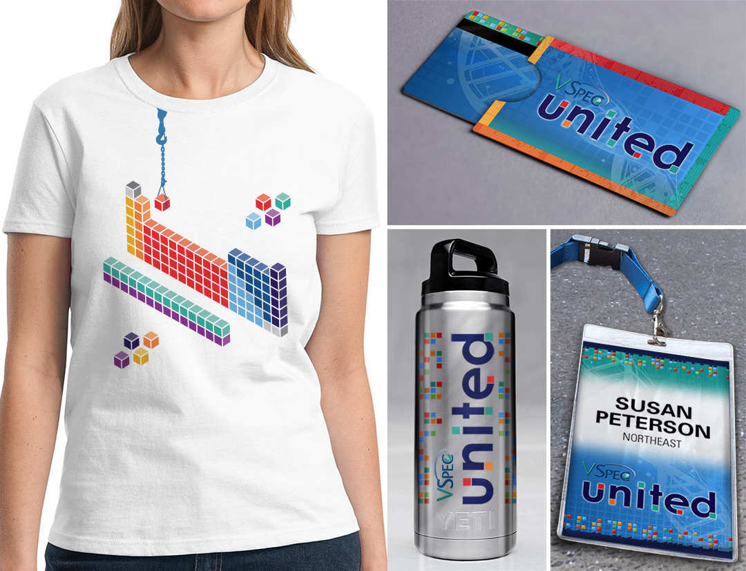 Conference collateral tshirt, hotel card, water bottle and nametag