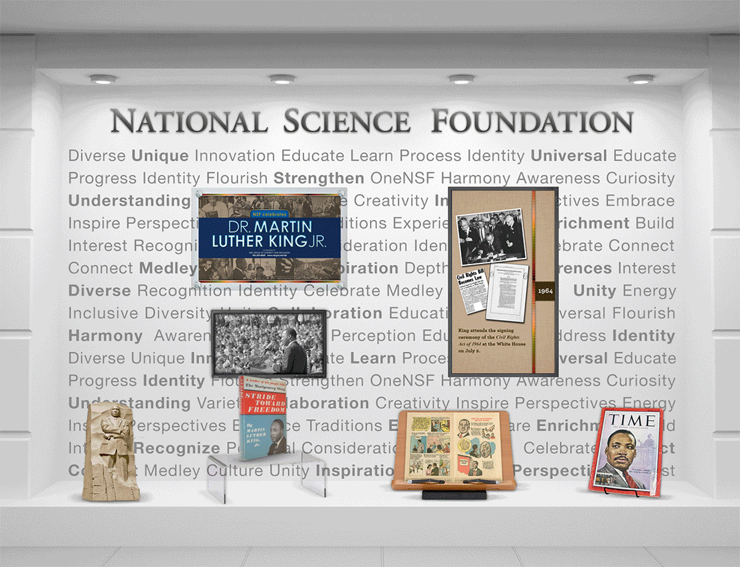 Display case showing slideshow, poster and artifacts from MLK and Asian/Pacific Islander emphasis months